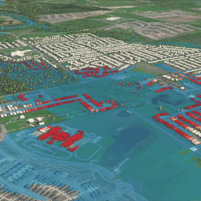 Mapa del impacto de las inundaciones en una zona urbanizada.