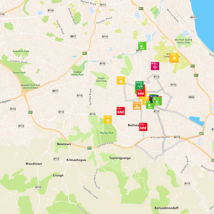 Mapa con iconos que representan los ODS