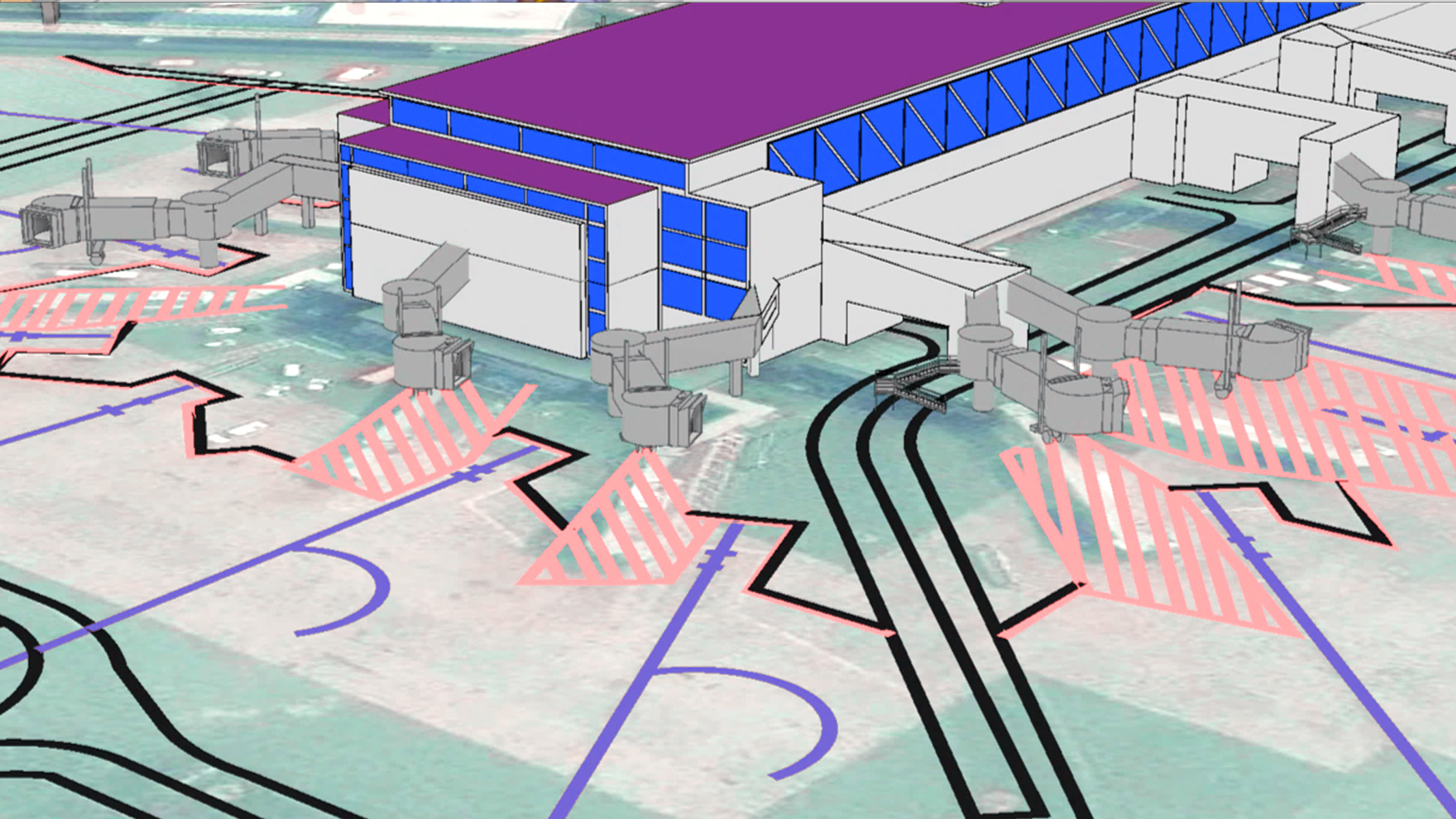 Modelo 3D de la terminal de un aeropuerto y la pista circundante. La terminal se muestra con acentos morados y azules para resaltar distintas zonas. Los puentes grises para aviones se extienden desde la terminal hasta zonas designadas en la pista, marcadas con rayas rosas. Las líneas negras y azules indican las pistas de rodaje y otras marcas en el suelo.