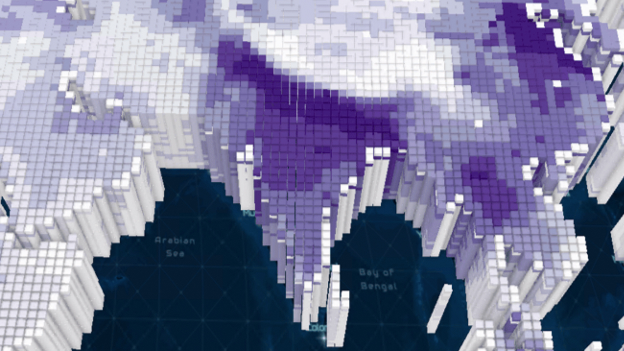 Mapa 3D de Asia con columnas en forma de gráfico de barras. Las columnas están sombreadas en varios tonos de púrpura, con el púrpura más oscuro concentrado en el subcontinente indio y tonos más claros que se extienden hacia el norte y el este.