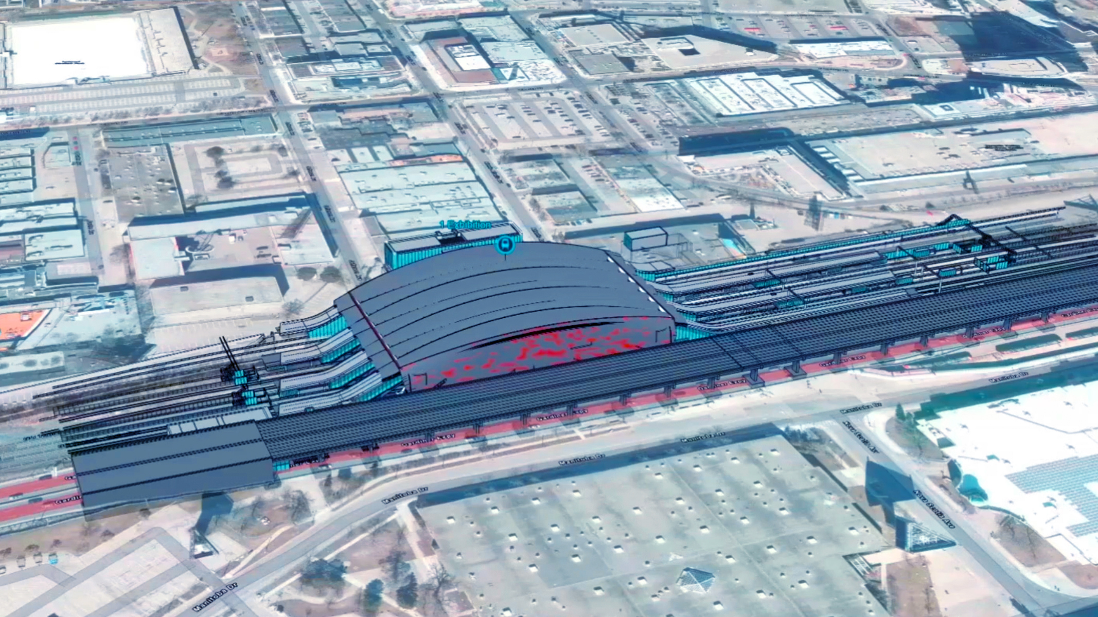 Vista aérea de un plan de diseño estructural para una estación de tren. Muestra cómo encajaría la estación en el entorno urbano circundante.
