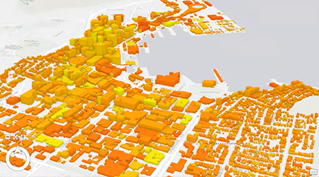 Modelo 3D digital de una ciudad cerca de una masa de agua