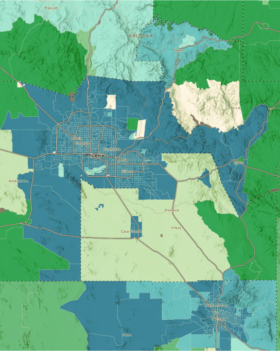Mapa con áreas verdes y azules