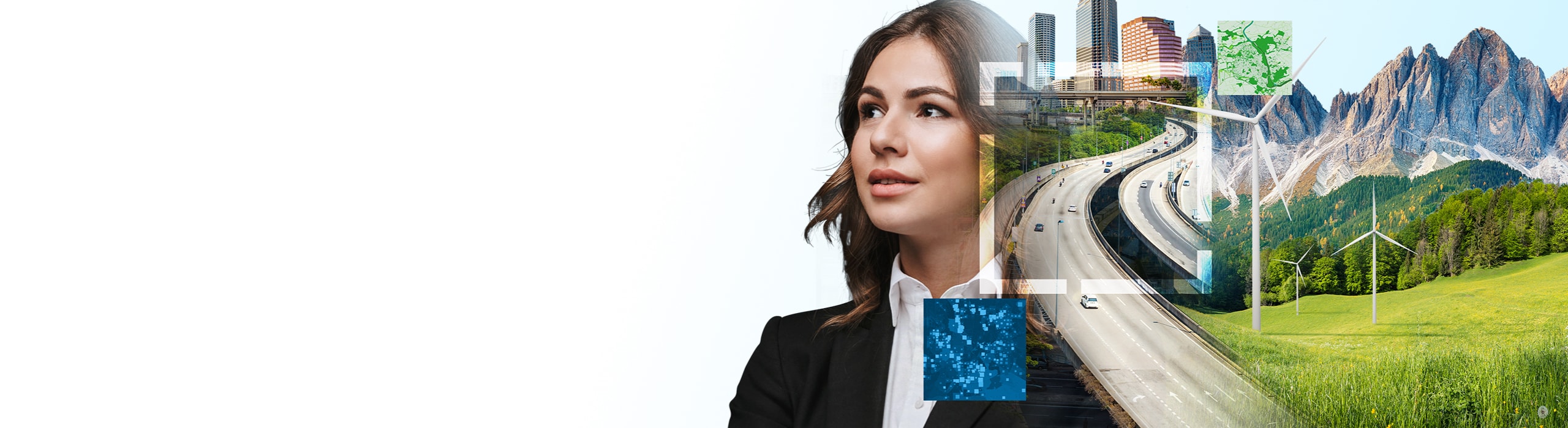 Una mujer sonriendo, infraestructura que incluye rascacielos y carreteras, un mapa con áreas verdes y un mapa con cuadrados azules